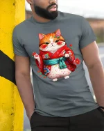 Cute Kimono Cat Tee With Adorable Japanese Style Art - model wearing grey tee, leaning on column