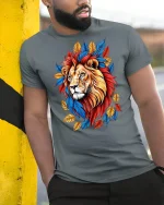 Majestic Colorful Lion Art Tee With Bold Wild Energy - model wearing grey tee, leaning on column