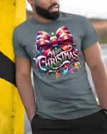 Merry Christmas Bow Lights Graphic Tee With Festive Cheer - model wearing grey tee, leaning on column