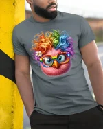 Colorful Owl With Glasses Graphic Tee Full Of Fun Personality - model wearing grey tee, leaning on column