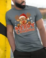 Merry Christmas Reindeer Graphic Tee With Cute Festive Cheer - model wearing grey tee, leaning on column