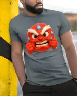 Angry Emoji Face Tshirt With Funny Stress Relief Vibes - model wearing grey tee, leaning on column