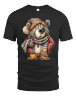 Funny Cozy Bear Illustration Tshirt Cute Winter Animal Art Style - black t-shirt on white background