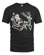 Elegant Santa Sleigh Reindeer Sparkle Christmas Graphic Tshirt Art - black t-shirt on white background
