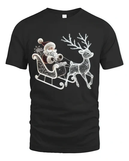 Elegant Santa Sleigh Reindeer Sparkle Christmas Graphic Tshirt Art - black t-shirt on white background