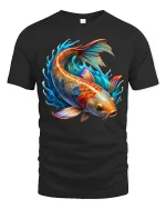 Colorful Koi Fish Splash Art Graphic Tshirt With Vibrant Energy - black t-shirt on white background
