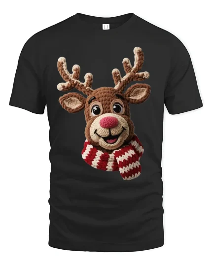 Cute Crochet Reindeer Smiling Christmas Graphic Tshirt Art - black t-shirt on white background
