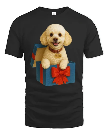 Cute Puppy In Gift Box Smiling Dog Graphic Tshirt Art - black t-shirt on white background