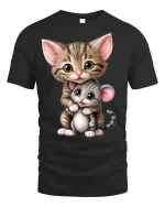 Cute Kitten Hugging Baby Mouse Adorable Cartoon Animal Tshirt Art - black t-shirt on white background