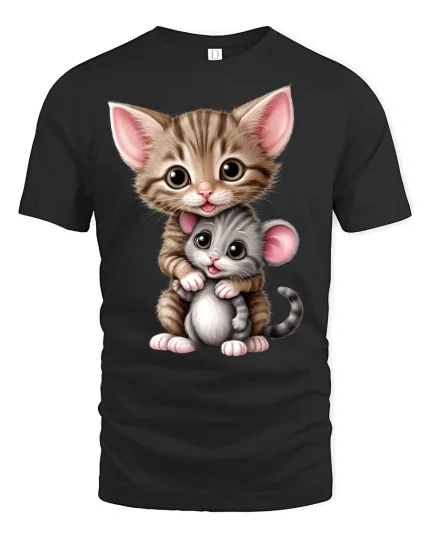 Cute Kitten Hugging Baby Mouse Adorable Cartoon Animal Tshirt Art - black t-shirt on white background