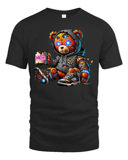Funny Cyberpunk Teddy Bear Meh Coffee Graphic Tshirt Art - black t-shirt on white background