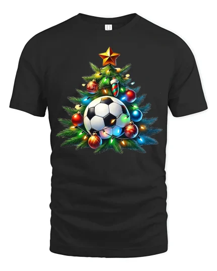 Festive Soccer Ball Christmas Tree Holiday Sports Graphic Tshirt - black t-shirt on white background