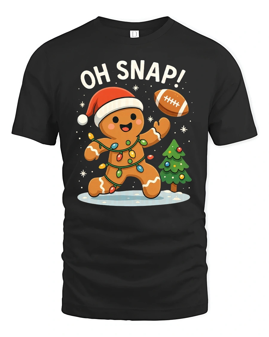 Funny Oh Snap Gingerbread Football Christmas Tshirt Graphic - 1 Funny Oh Snap Gingerbread Football Christmas Tshirt Graphic - black t-shirt on white background