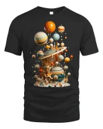 Surreal Floating Planets Cosmic Art Graphic Tshirt With Dreamy Style - black t-shirt on white background