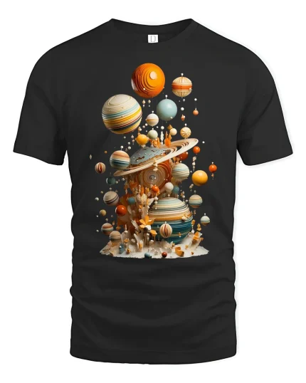 Surreal Floating Planets Cosmic Art Graphic Tshirt With Dreamy Style - black t-shirt on white background