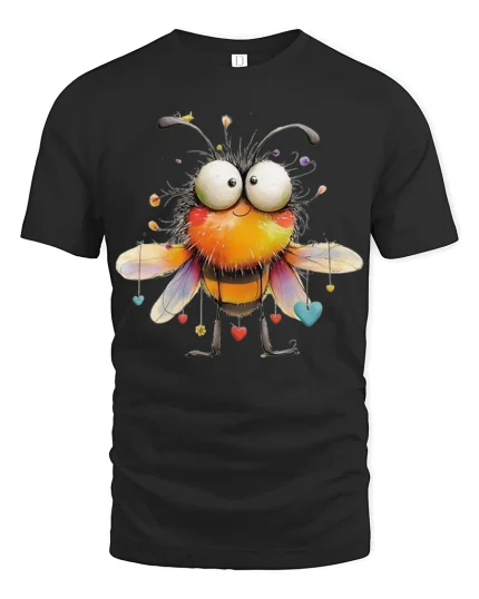 Cute Funny Bumblebee Big Eyes Cartoon Love Graphic Tshirt Art - black t-shirt on white background