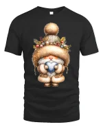 Cute Winter Gnome Holding Heart Cozy Holiday Graphic Tshirt Art - black t-shirt on white background