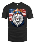 Patriotic Lion Crown American Flag Power Graphic Tshirt Art - black t-shirt on white background
