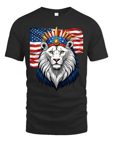 Patriotic Lion Crown American Flag Power Graphic Tshirt Art - black t-shirt on white background