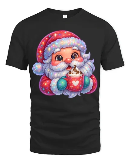 Cute Sparkly Santa Hot Cocoa Cozy Christmas Graphic Tshirt Art - black t-shirt on white background