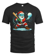 Funny Santa Snowball Baseball Action Christmas Tshirt Graphic Art - black t-shirt on white background