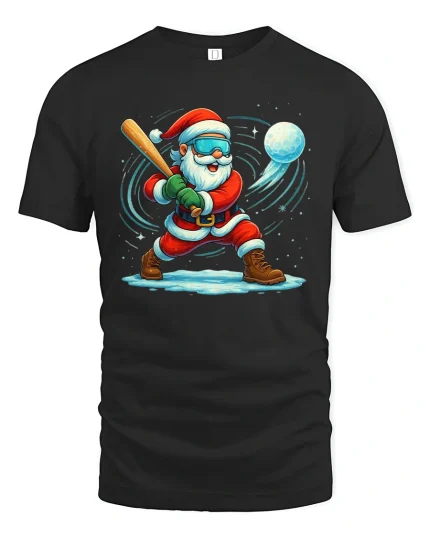 Funny Santa Snowball Baseball Action Christmas Tshirt Graphic Art - black t-shirt on white background