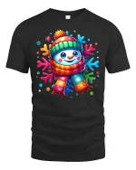 Cute Colorful Snowman Winter Cheerful Christmas Graphic Tshirt Art - black t-shirt on white background