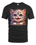 Cute Big Eyed Kitten Smiling Cartoon Cat Graphic Tshirt Art - black t-shirt on white background