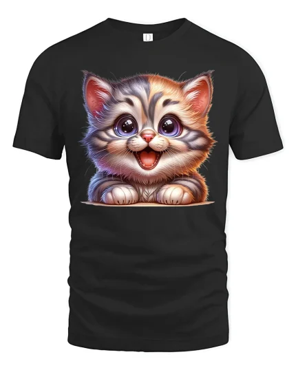 Cute Big Eyed Kitten Smiling Cartoon Cat Graphic Tshirt Art - black t-shirt on white background
