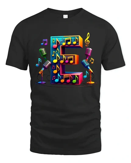 Colorful Letter E Music Notes Microphone Graphic Tshirt Art - black t-shirt on white background