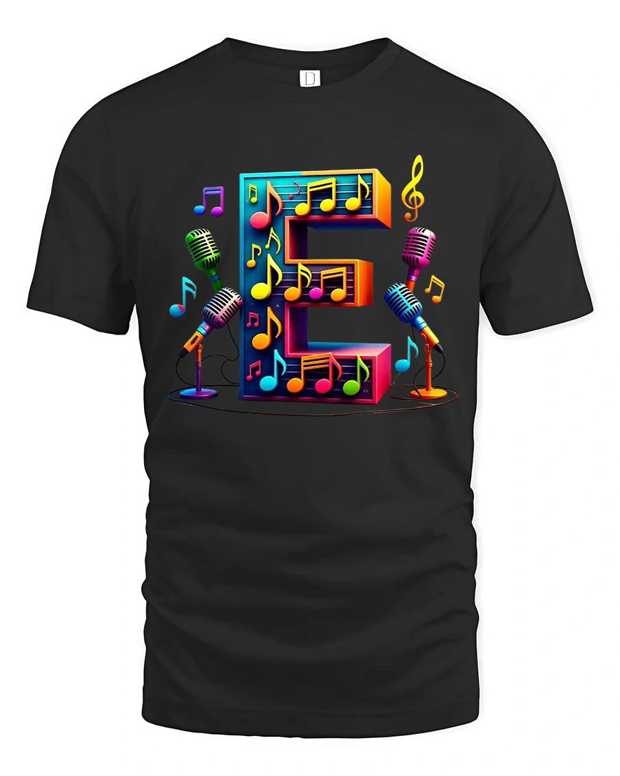 Colorful Letter E Music Notes Microphone Graphic Tshirt Art - 1 Colorful Letter E Music Notes Microphone Graphic Tshirt Art - black t-shirt on white background