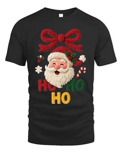 Cute Ho Ho Ho Santa Knit Style Christmas Graphic Tshirt Art - black t-shirt on white background