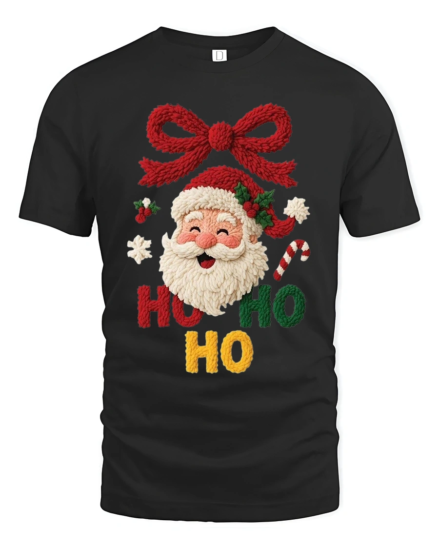 Cute Ho Ho Ho Santa Knit Style Christmas Graphic Tshirt Art - 1 Cute Ho Ho Ho Santa Knit Style Christmas Graphic Tshirt Art - black t-shirt on white background