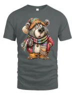 Funny Cozy Bear Illustration Tshirt Cute Winter Animal Art Style - gray t-shirt on white background