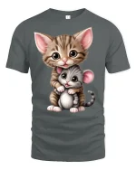 Cute Kitten Hugging Baby Mouse Adorable Cartoon Animal Tshirt Art - gray t-shirt on white background