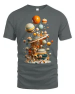 Surreal Floating Planets Cosmic Art Graphic Tshirt With Dreamy Style - gray t-shirt on white background