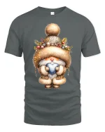 Cute Winter Gnome Holding Heart Cozy Holiday Graphic Tshirt Art - gray t-shirt on white background