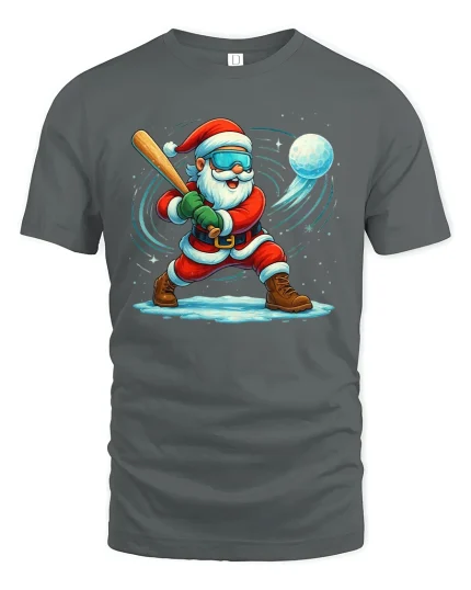Funny Santa Snowball Baseball Action Christmas Tshirt Graphic Art - gray t-shirt on white background
