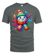 Cute Colorful Snowman Winter Cheerful Christmas Graphic Tshirt Art - gray t-shirt on white background