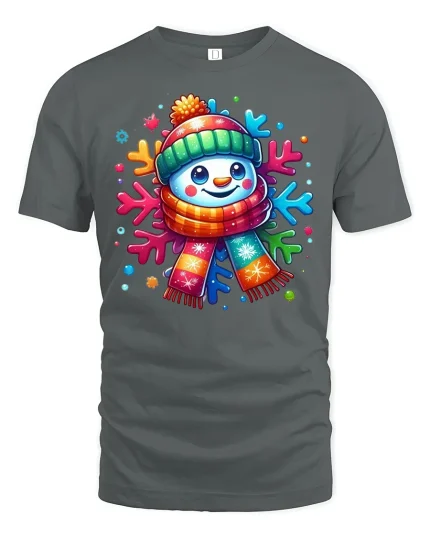 Cute Colorful Snowman Winter Cheerful Christmas Graphic Tshirt Art - gray t-shirt on white background
