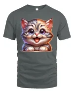 Cute Big Eyed Kitten Smiling Cartoon Cat Graphic Tshirt Art - gray t-shirt on white background