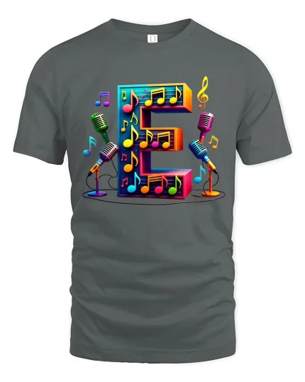 Colorful Letter E Music Notes Microphone Graphic Tshirt Art - gray t-shirt on white background