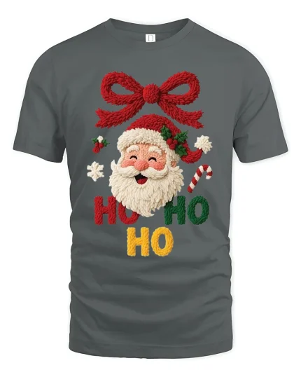 Cute Ho Ho Ho Santa Knit Style Christmas Graphic Tshirt Art - gray t-shirt on white background