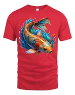 Colorful Koi Fish Splash Art Graphic Tshirt With Vibrant Energy - red t-shirt on white background