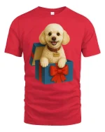 Cute Puppy In Gift Box Smiling Dog Graphic Tshirt Art - red t-shirt on white background