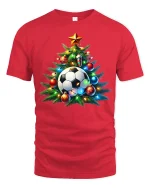 Festive Soccer Ball Christmas Tree Holiday Sports Graphic Tshirt - red t-shirt on white background