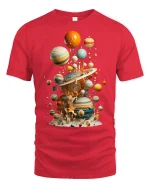 Surreal Floating Planets Cosmic Art Graphic Tshirt With Dreamy Style - red t-shirt on white background