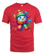 Cute Colorful Snowman Winter Cheerful Christmas Graphic Tshirt Art - red t-shirt on white background