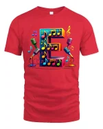 Colorful Letter E Music Notes Microphone Graphic Tshirt Art - red t-shirt on white background