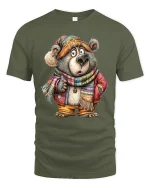 Funny Cozy Bear Illustration Tshirt Cute Winter Animal Art Style - military green t-shirt on white background